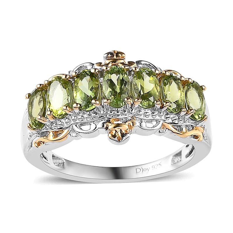 Premium Natural Calabar Green Tourmaline 7 Stone Ring in Vermeil YG and Platinum Over Sterling Silver (Size 6.0) 1.75 ctw