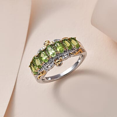 Premium Natural Calabar Green Tourmaline 7 Stone Ring in Vermeil YG and Platinum Over Sterling Silver (Size 6.0) 1.75 ctw