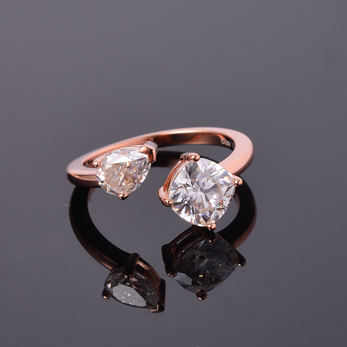 Moissanite Bypass Ring in Vermeil Rose Gold Over Sterling Silver, Open Band Ring, Moissanite Ring, Two Stone Ring 2.35 ctw (Size 9.0) image number 1