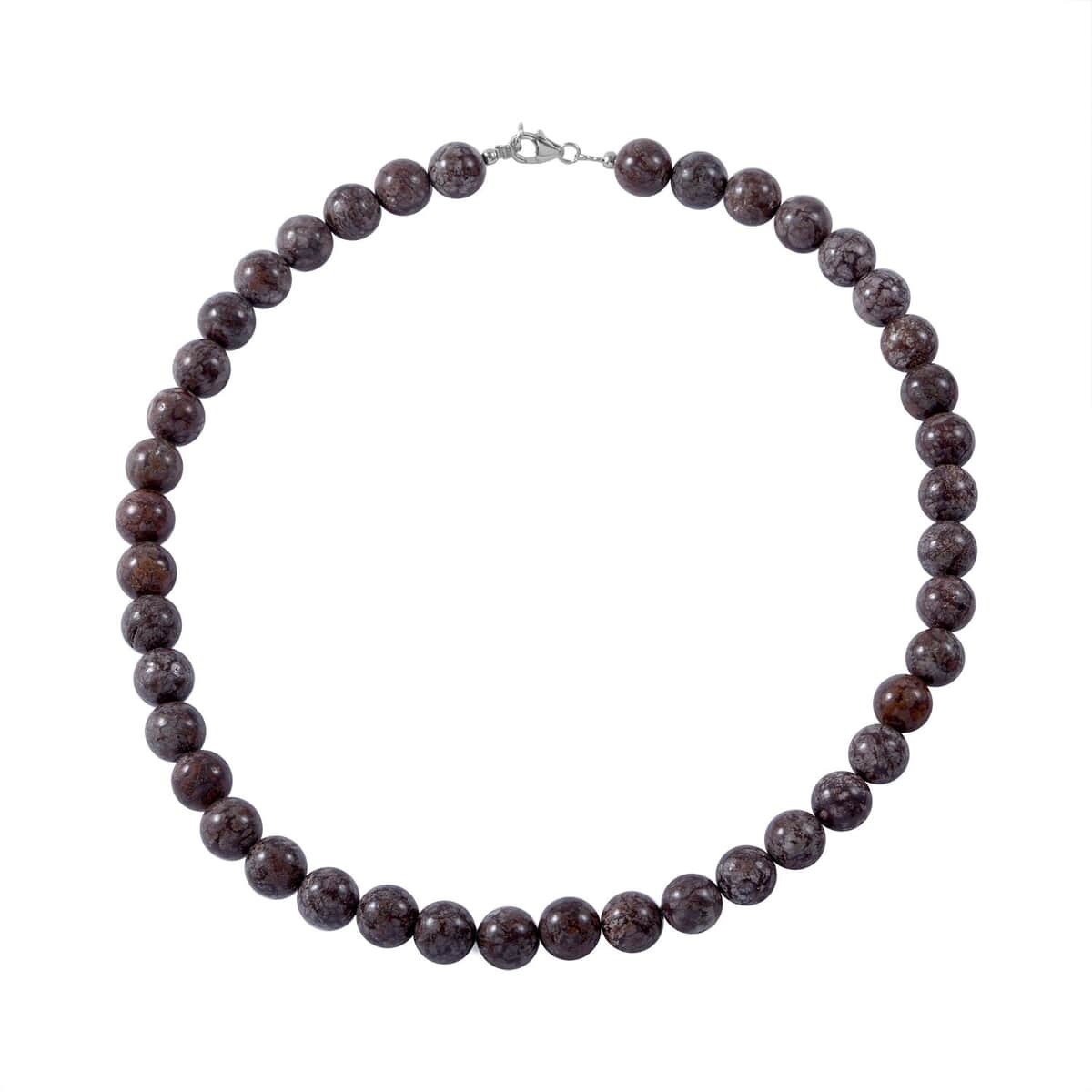 Brown Snowflake Jasper 10mm Beaded Necklace 18 Inches in Sterling Silver 300.00 ctw image number 0