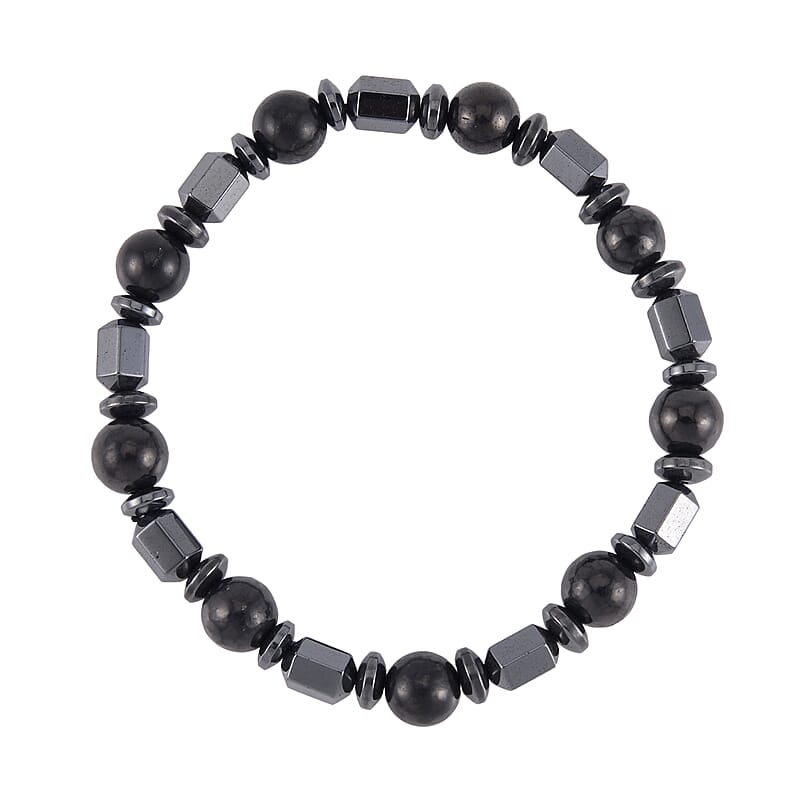 Shungite and Magnetic Hematite 117.00 ctw Barrel and Beaded Stretch Bracelet