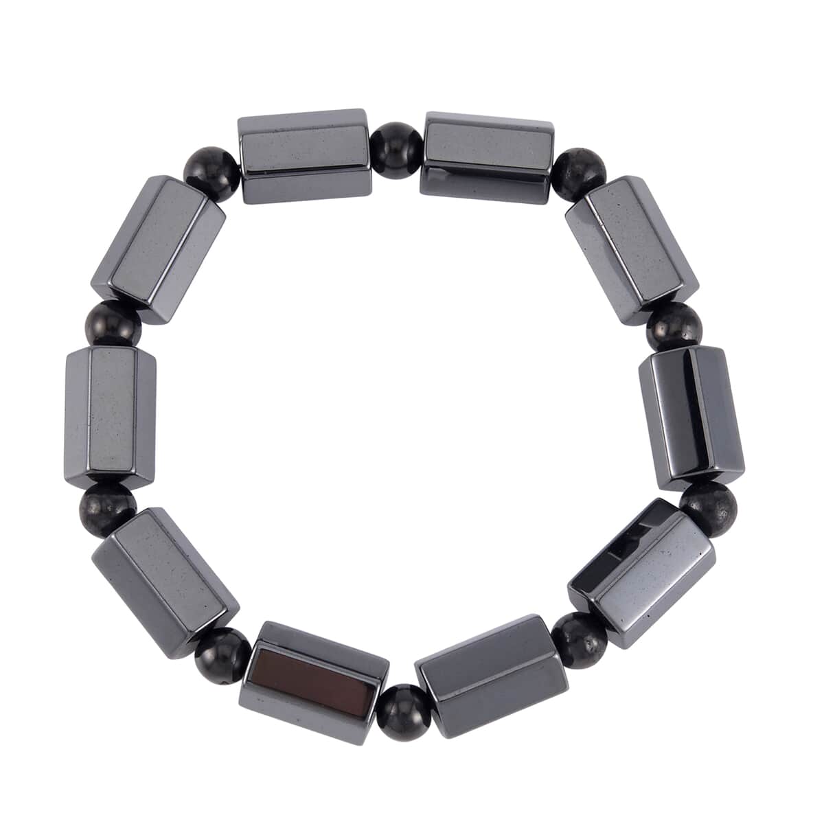 Magnetic Hematite Barrel and Shungite Stretch Beaded Bracelet 80.00 ctw