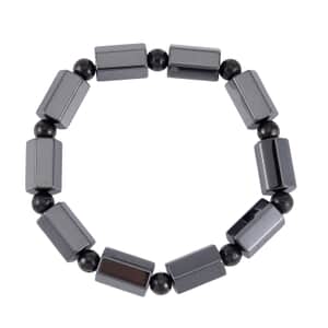 Magnetic Hematite Barrel and Shungite Stretch Beaded Bracelet 80.00 ctw