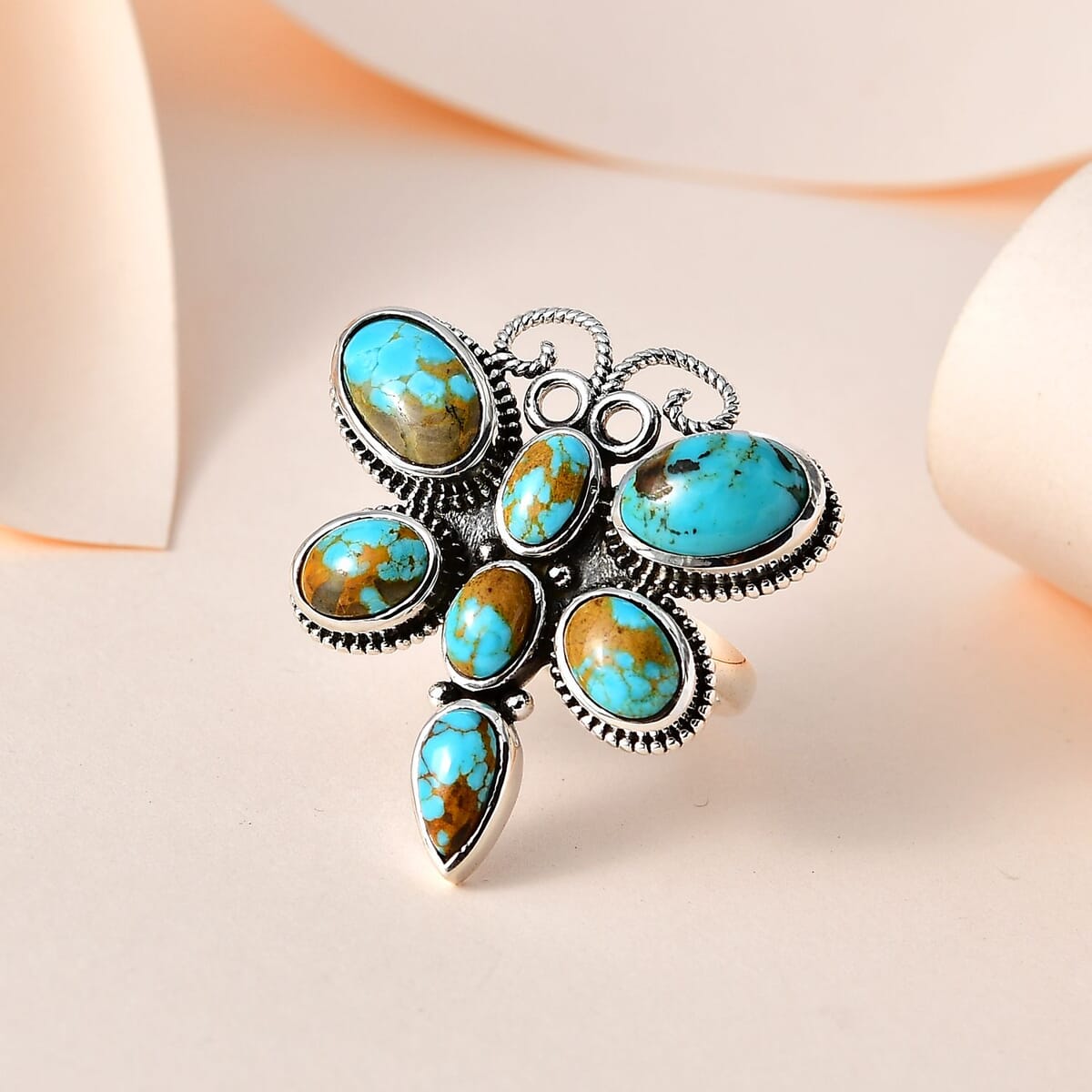 Artisan Crafted Royston Turquoise Butterfly Ring in Sterling Silver (Size 10.0) 7.00 ctw image number 1