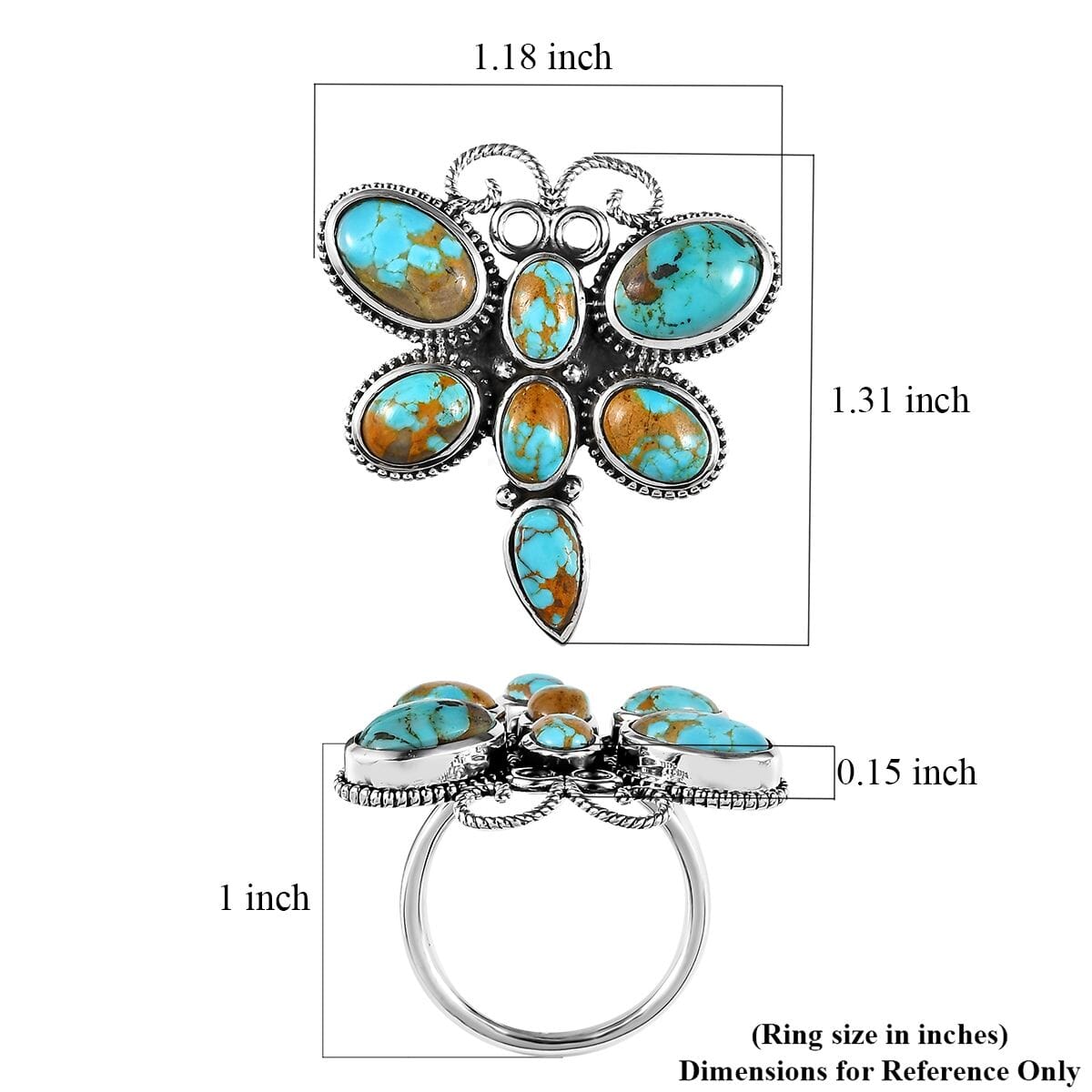 Artisan Crafted Royston Turquoise Butterfly Ring in Sterling Silver (Size 10.0) 7.00 ctw image number 5