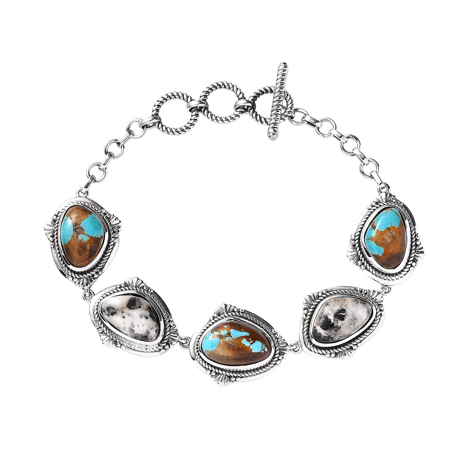 Artisan Crafted Royston Turquoise and White Buffalo Toggle Clasp Bracelet in Sterling Silver (6.50-8.0In) 21.85 ctw