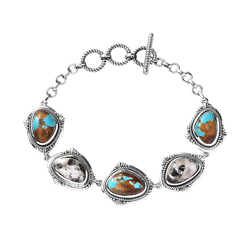 Artisan Crafted Royston Turquoise and White Buffalo Toggle Clasp Bracelet in Sterling Silver (6.50-8.0In) 21.85 ctw