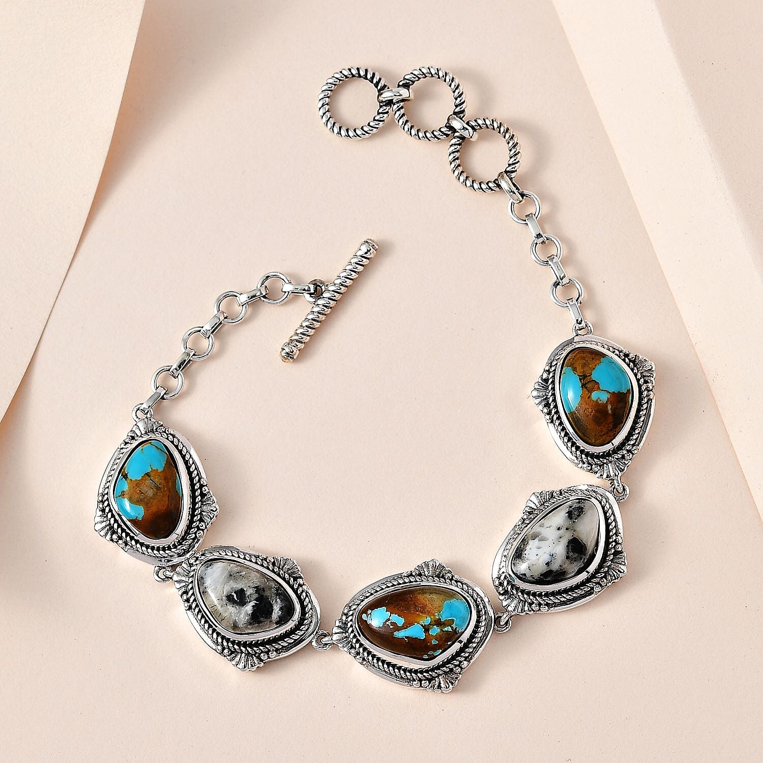 Artisan Crafted Royston Turquoise and White Buffalo Toggle Clasp Bracelet in Sterling Silver (6.50-8.0In) 21.85 ctw