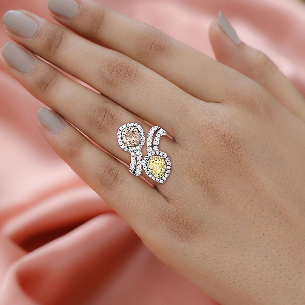 Modani 14K White Gold SI Natural Yellow, Pink and White Diamond Bypass Ring (Size 10.0) 4.72 Grams (Del. in 10-12 Days) 1.50 ctw image number 2
