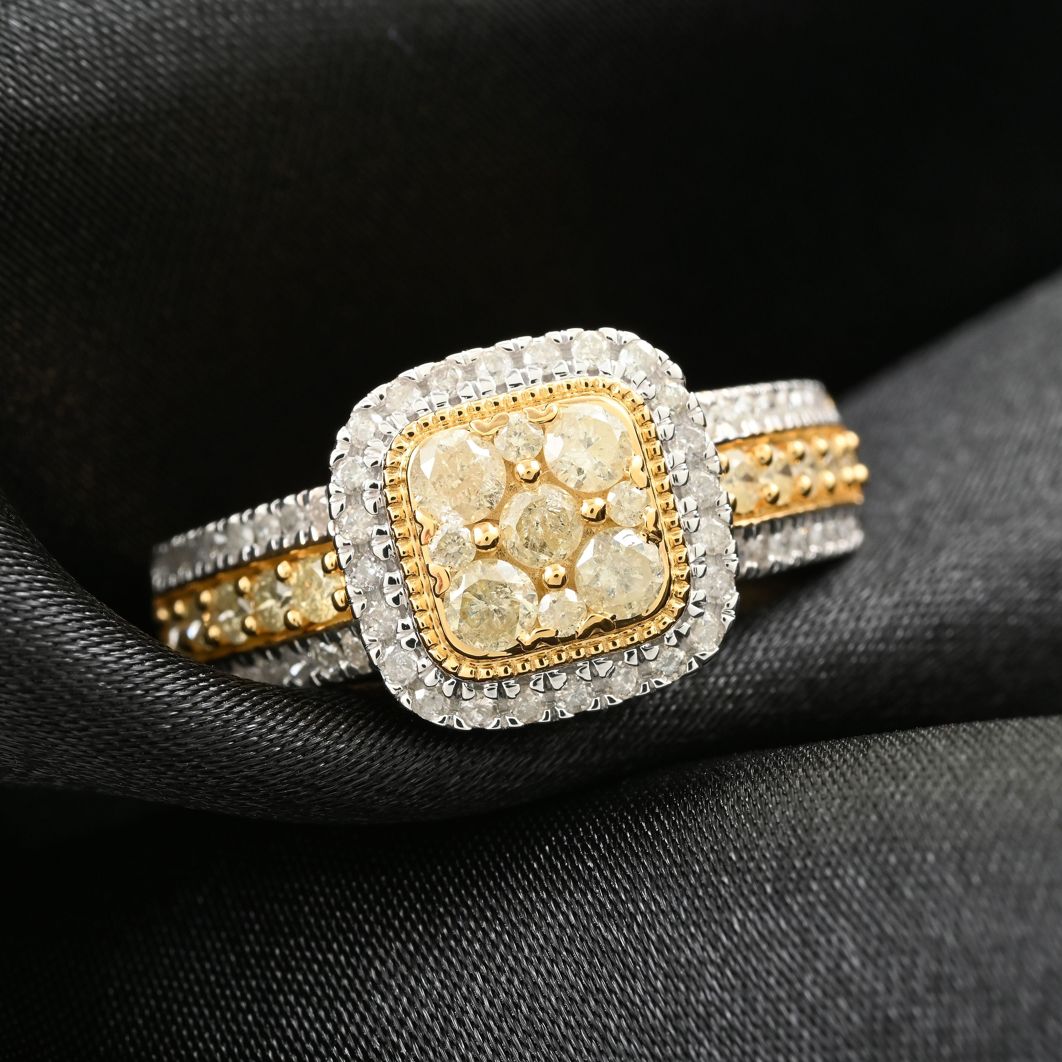 Natural Yellow Diamond, White Diamond Ring in 14K YG Over Sterling Silver (Size 5.5) 1.00 ctw