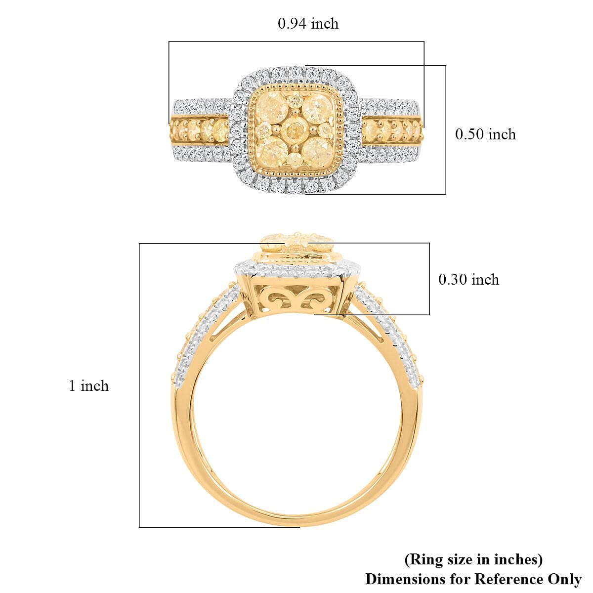 Natural Yellow Diamond, White Diamond Ring in 14K YG Over Sterling Silver (Size 5.5) 1.00 ctw