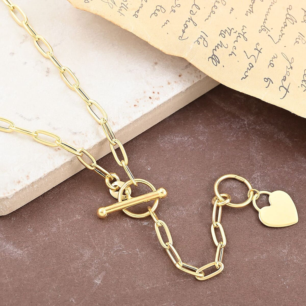 Italian 10K Yellow Gold Paper Clip Necklace with Toggle Clasp and Forever Lock Heart, 18 Inch Gold Chain Jewelry, Birthday Anniversary Wedding Gift 2.80 Grams image number 1