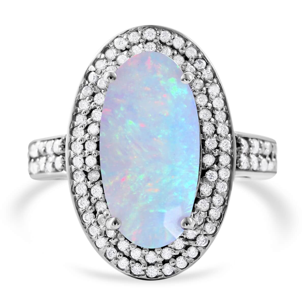 AAA Ethiopian Welo Opal and Moissanite Double Halo Ring in Platinum Over Sterling Silver (Size 9.0) 3.75 ctw image number 0