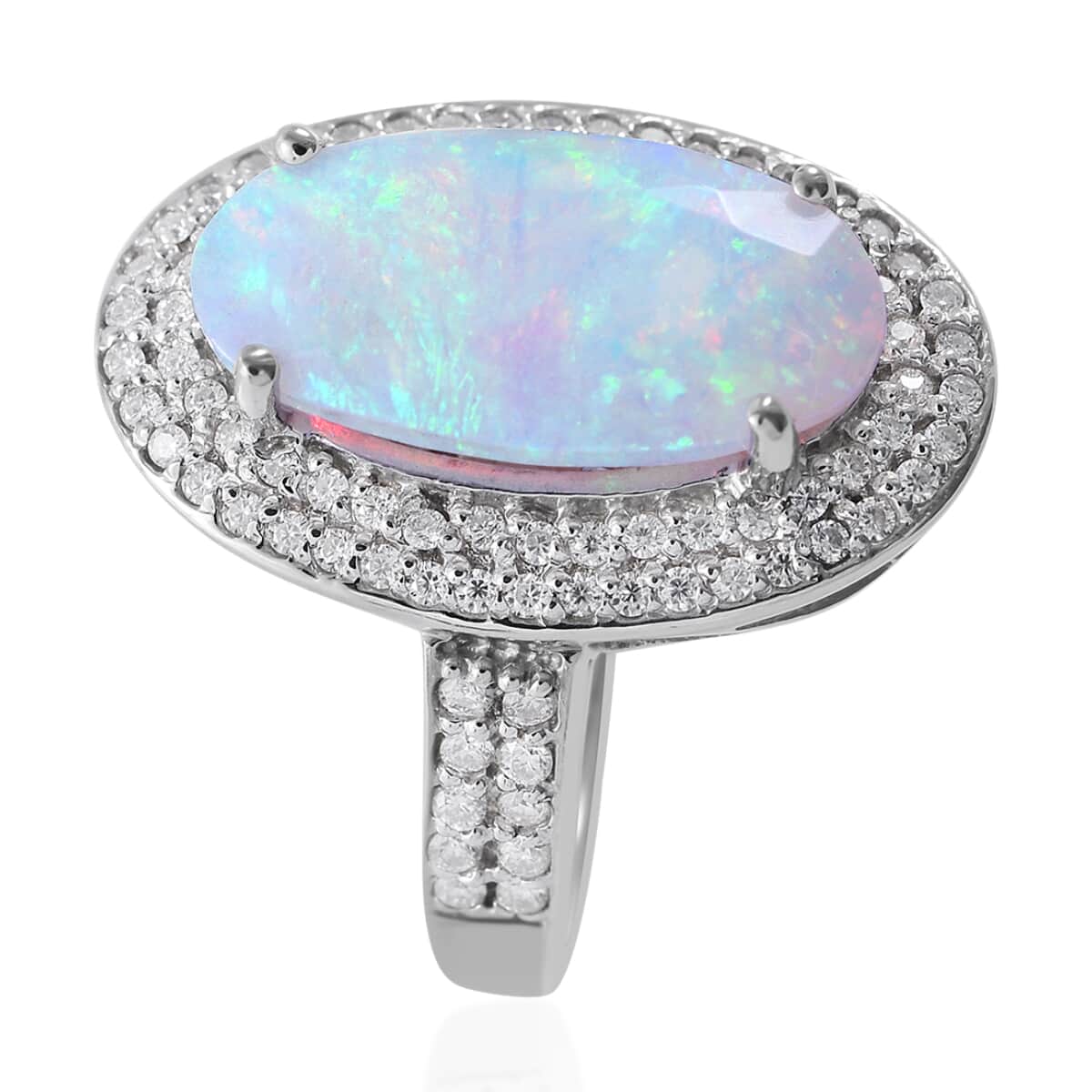 AAA Ethiopian Welo Opal and Moissanite Double Halo Ring in Platinum Over Sterling Silver (Size 9.0) 3.75 ctw image number 2