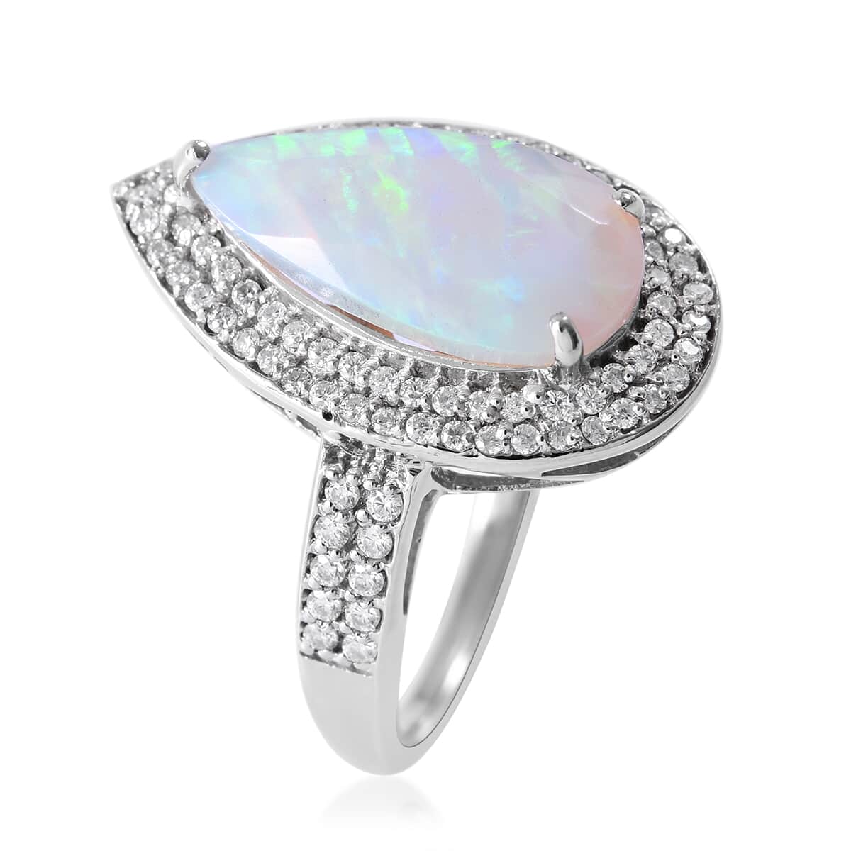 AAA Ethiopian Welo Opal and Moissanite Double Halo Ring in Platinum Over Sterling Silver (Size 6.0) 3.35 ctw image number 2