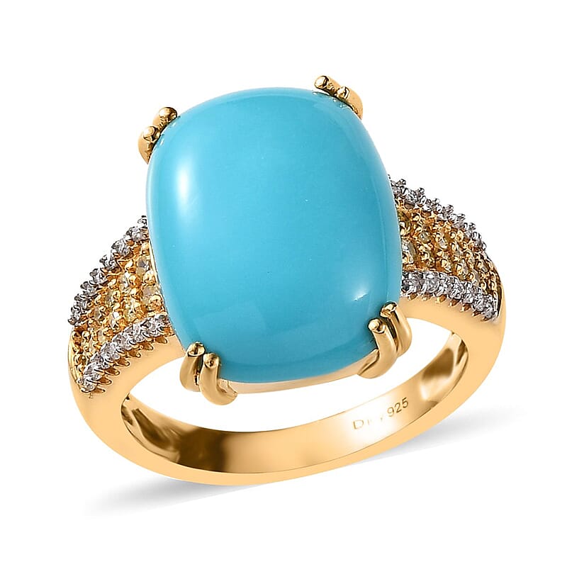 Sleeping Beauty Turquoise, Moissanite, Natural Yellow Diamond Ring in Vermeil Yellow Gold Over Sterling Silver (Size 7.0) 7.40 ctw