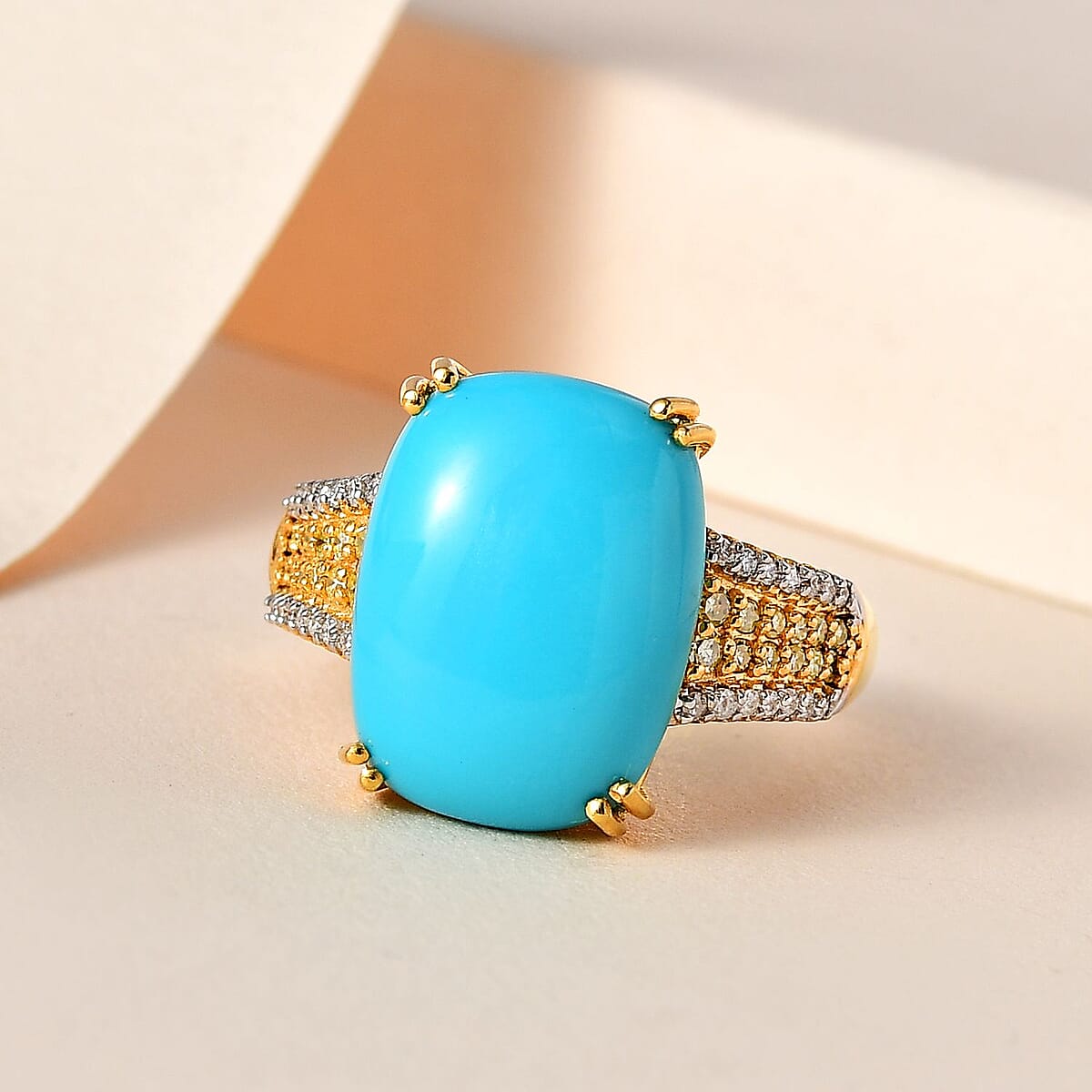 Sleeping Beauty Turquoise, Moissanite, Natural Yellow Diamond Ring in Vermeil Yellow Gold Over Sterling Silver (Size 7.0) 7.40 ctw image number 1