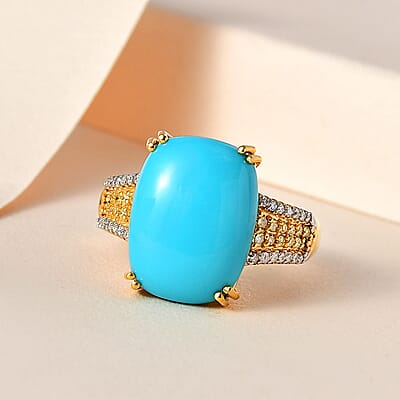 Sleeping Beauty Turquoise, Moissanite, Natural Yellow Diamond Ring in Vermeil Yellow Gold Over Sterling Silver (Size 7.0) 7.40 ctw