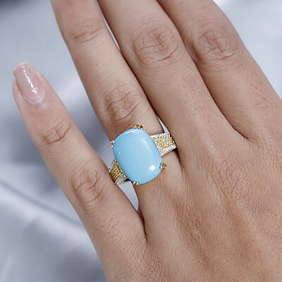 Sleeping Beauty Turquoise, Moissanite, Natural Yellow Diamond Ring in Vermeil Yellow Gold Over Sterling Silver (Size 7.0) 7.40 ctw