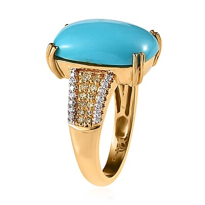 Sleeping Beauty Turquoise, Moissanite, Natural Yellow Diamond Ring in Vermeil Yellow Gold Over Sterling Silver (Size 7.0) 7.40 ctw