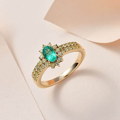 Luxoro 14K Yellow Gold AAA Boyaca Colombian Emerald and I3 Natural Yellow Diamond Sunburst Ring (Size 6.0) 1.00 ctw