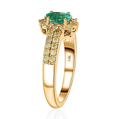Luxoro 14K Yellow Gold AAA Boyaca Colombian Emerald and I3 Natural Yellow Diamond Sunburst Ring (Size 6.0) 1.00 ctw