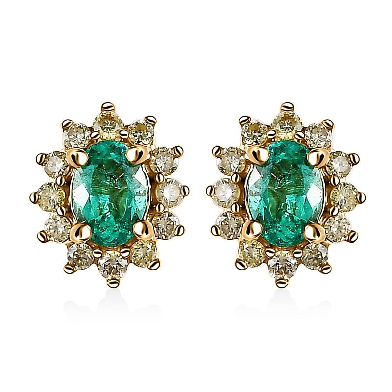 Luxoro 14K Yellow Gold AAA Boyaca Colombian Emerald and I2 Natural Yellow Diamond Sunburst Stud Earrings 0.65 ctw