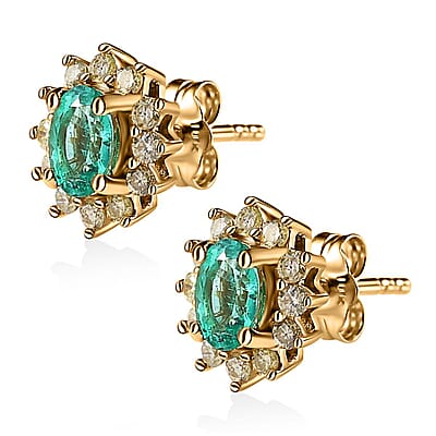 Luxoro 14K Yellow Gold AAA Boyaca Colombian Emerald and I2 Natural Yellow Diamond Sunburst Stud Earrings 0.65 ctw
