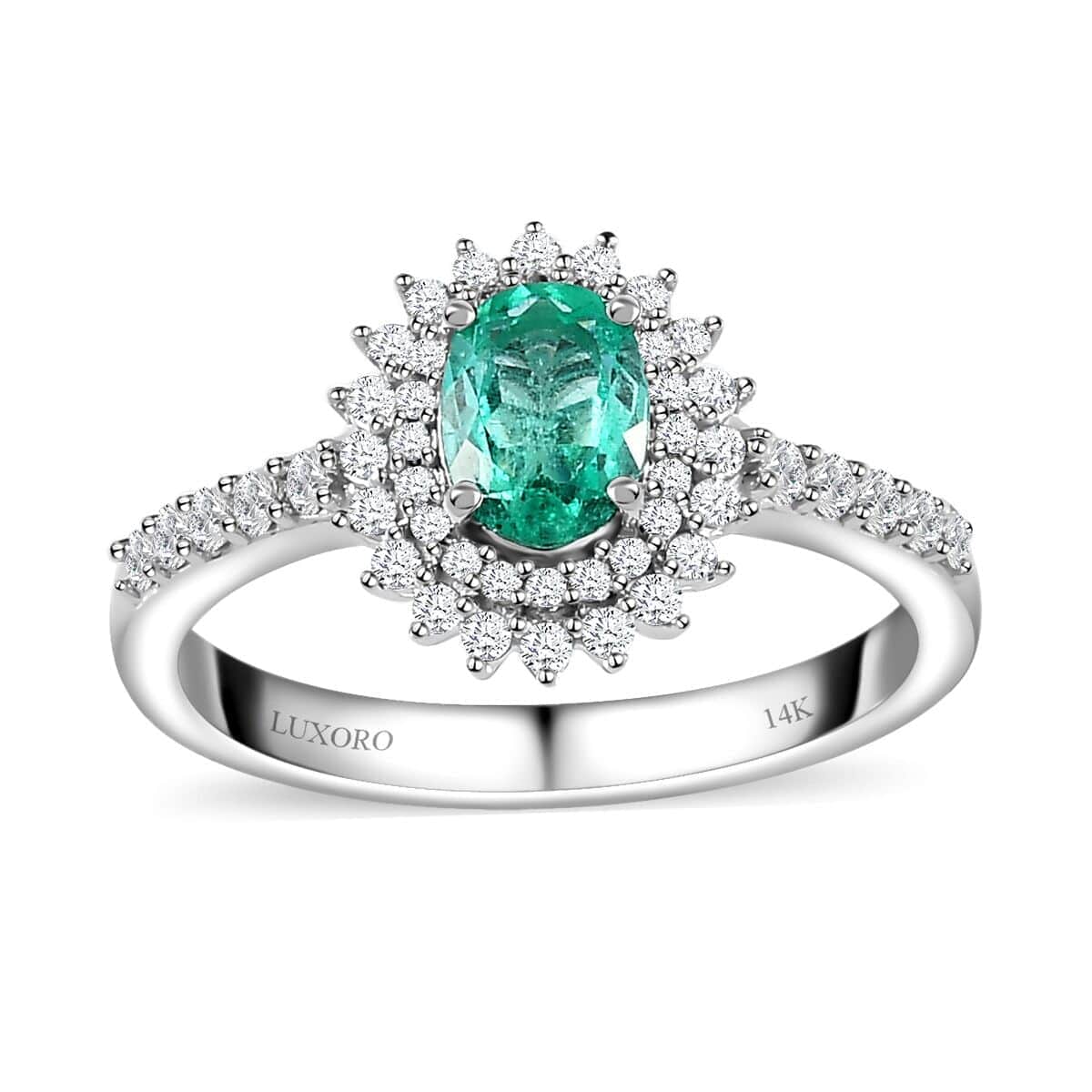 14K White Gold AAA Boyaca Colombian Emerald, White Diamond (G-H, I2) (0.45 cts) Double Halo Ring (Size 7.0) 1.00 ctw image number 0