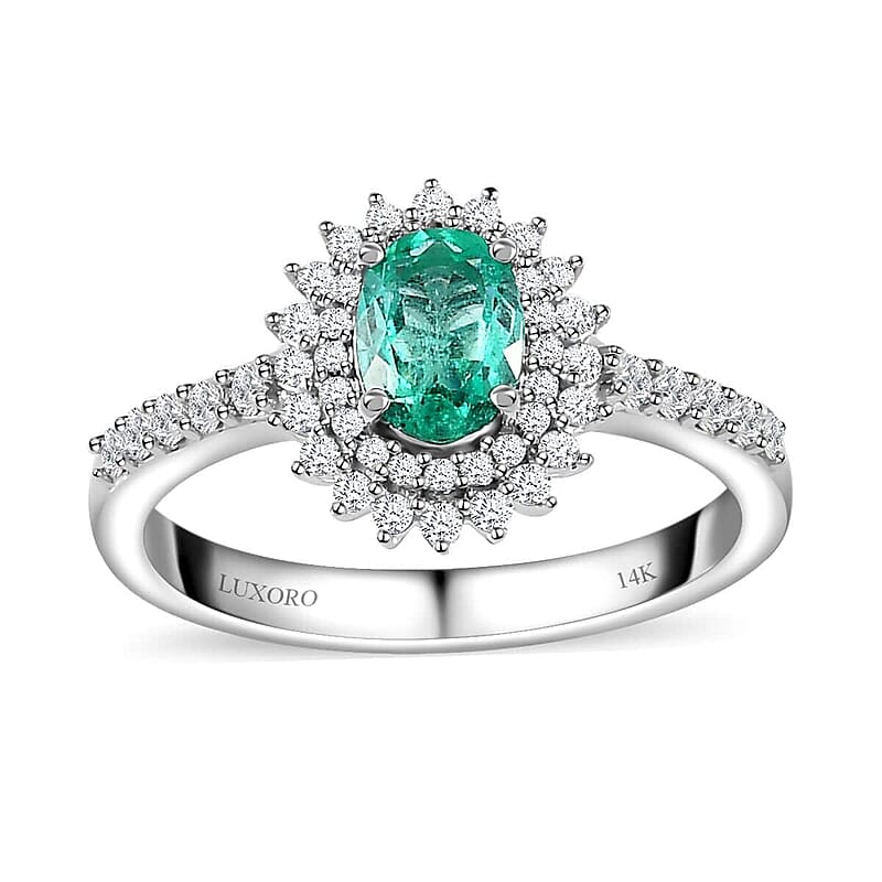 Luxoro 14K White Gold AAA Boyaca Colombian Emerald and G-H I2 Diamond Sunburst Ring (Size 6.0) 0.85 ctw