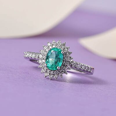 Luxoro 14K White Gold AAA Boyaca Colombian Emerald and G-H I2 Diamond Sunburst Ring (Size 6.0) 0.85 ctw