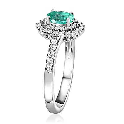 Luxoro 14K White Gold AAA Boyaca Colombian Emerald and G-H I2 Diamond Sunburst Ring (Size 6.0) 0.85 ctw
