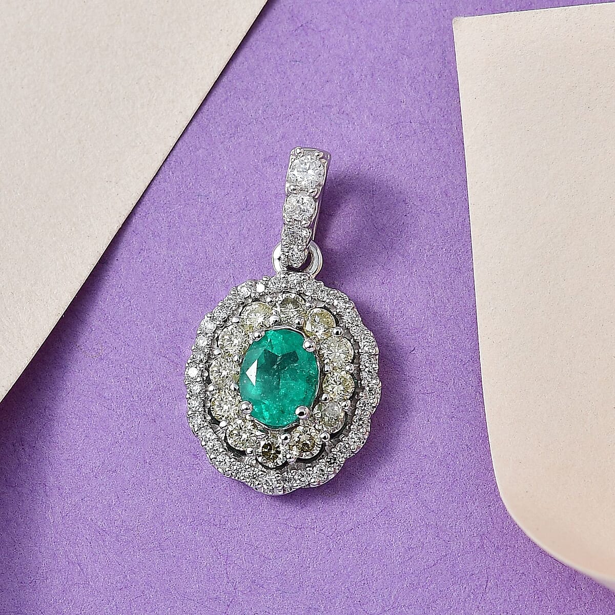 Luxoro 14K White Gold AAA Boyaca Colombian Emerald, I2 Natural Yellow and White Diamond Double Halo Pendant 1.00 ctw image number 1