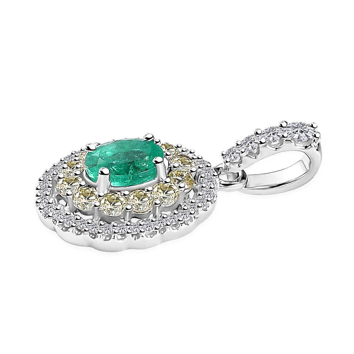 Luxoro 14K White Gold AAA Boyaca Colombian Emerald, I2 Natural Yellow and White Diamond Double Halo Pendant 1.00 ctw image number 3