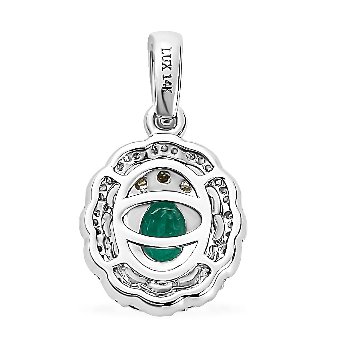 Luxoro 14K White Gold AAA Boyaca Colombian Emerald, I2 Natural Yellow and White Diamond Double Halo Pendant 1.00 ctw image number 4