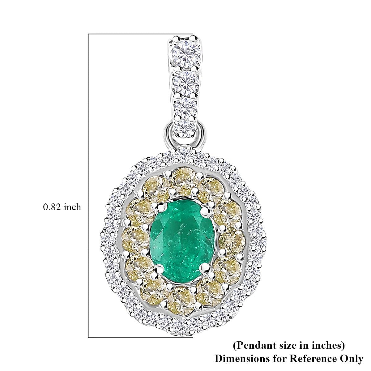 Luxoro 14K White Gold AAA Boyaca Colombian Emerald, I2 Natural Yellow and White Diamond Double Halo Pendant 1.00 ctw image number 5