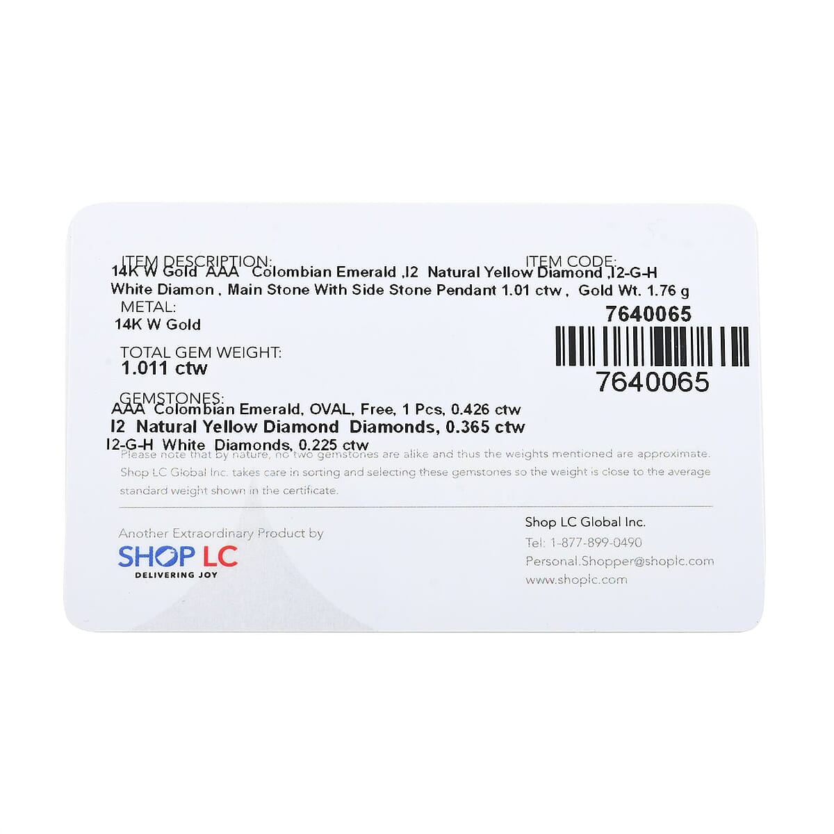 Luxoro 14K White Gold AAA Boyaca Colombian Emerald, I2 Natural Yellow and White Diamond Double Halo Pendant 1.00 ctw image number 6