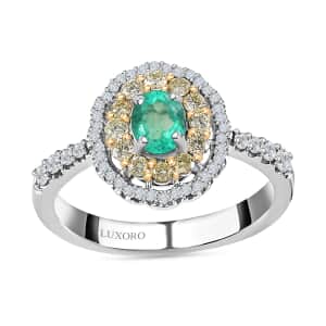 Luxoro 14K White Gold AAA Boyaca Colombian Emerald, I2 Natural Yellow and White Diamond Double Halo Ring (Size 10.0) 1.15 ctw