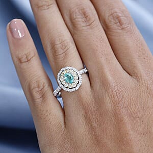 Luxoro 14K White Gold AAA Boyaca Colombian Emerald, I2 Natural Yellow and White Diamond Double Halo Ring (Size 10.0) 1.15 ctw