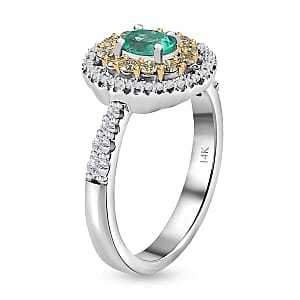 Luxoro 14K White Gold AAA Boyaca Colombian Emerald, I2 Natural Yellow and White Diamond Double Halo Ring (Size 10.0) 1.15 ctw