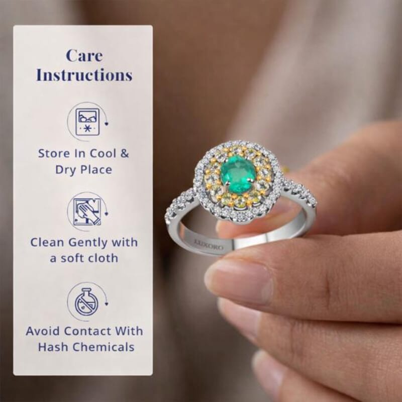 Luxoro 14K White Gold AAA Boyaca Colombian Emerald, I2 Natural Yellow and White Diamond Double Halo Ring (Size 10.0) 1.15 ctw