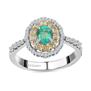 Luxoro 14K White Gold AAA Boyaca Colombian Emerald, I2 Natural Yellow and White Diamond Double Halo Ring (Size 5.0) 1.15 ctw