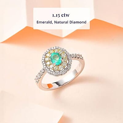 Luxoro 14K White Gold AAA Boyaca Colombian Emerald, I2 Natural Yellow and White Diamond Double Halo Ring (Size 5.0) 1.15 ctw
