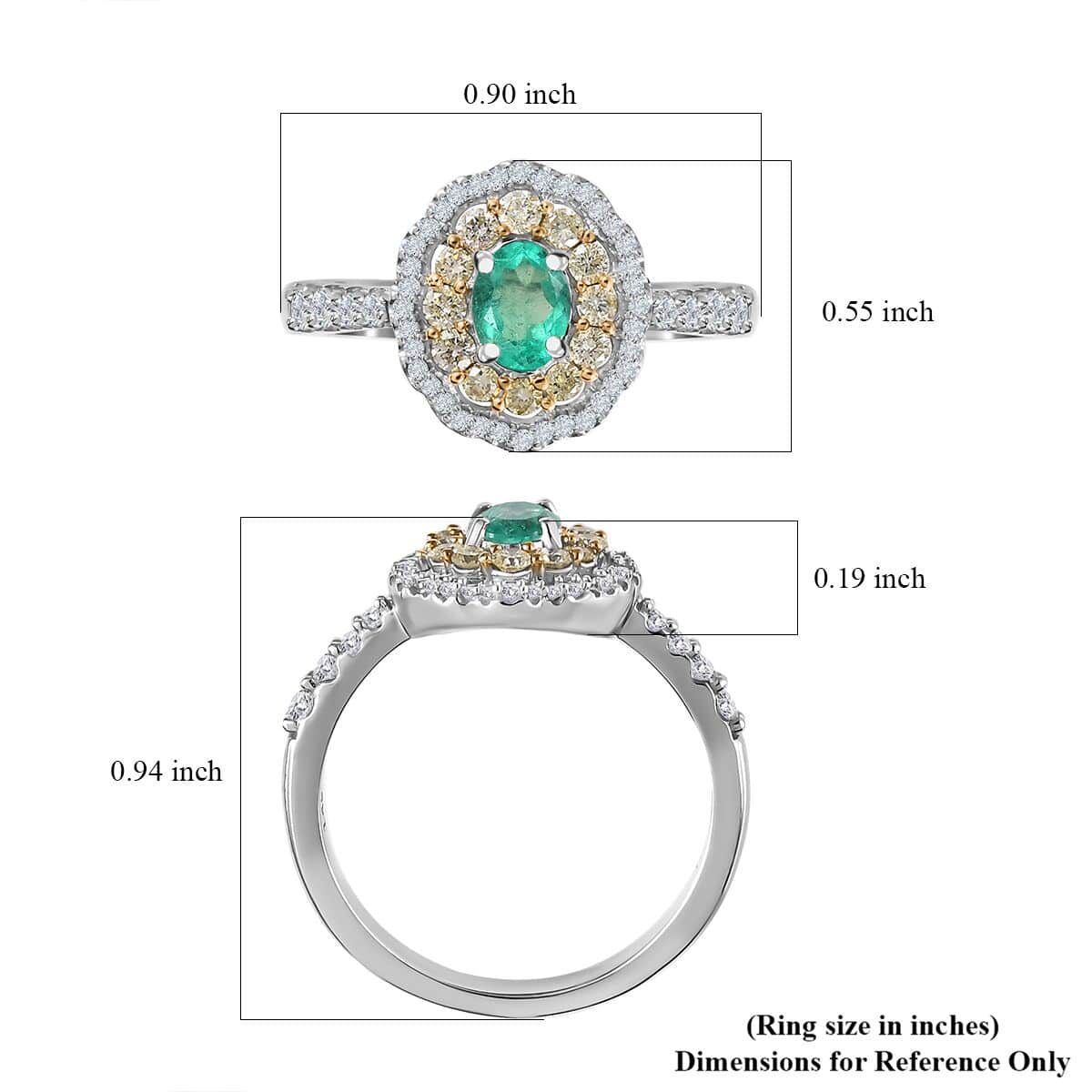 Luxoro 14K White Gold AAA Boyaca Colombian Emerald, I2 Natural Yellow and White Diamond Double Halo Ring (Size 5.0) 1.15 ctw image number 5