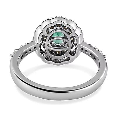 Luxoro 14K White Gold AAA Boyaca Colombian Emerald, I2 Natural Yellow and White Diamond Double Halo Ring (Size 5.0) 1.15 ctw