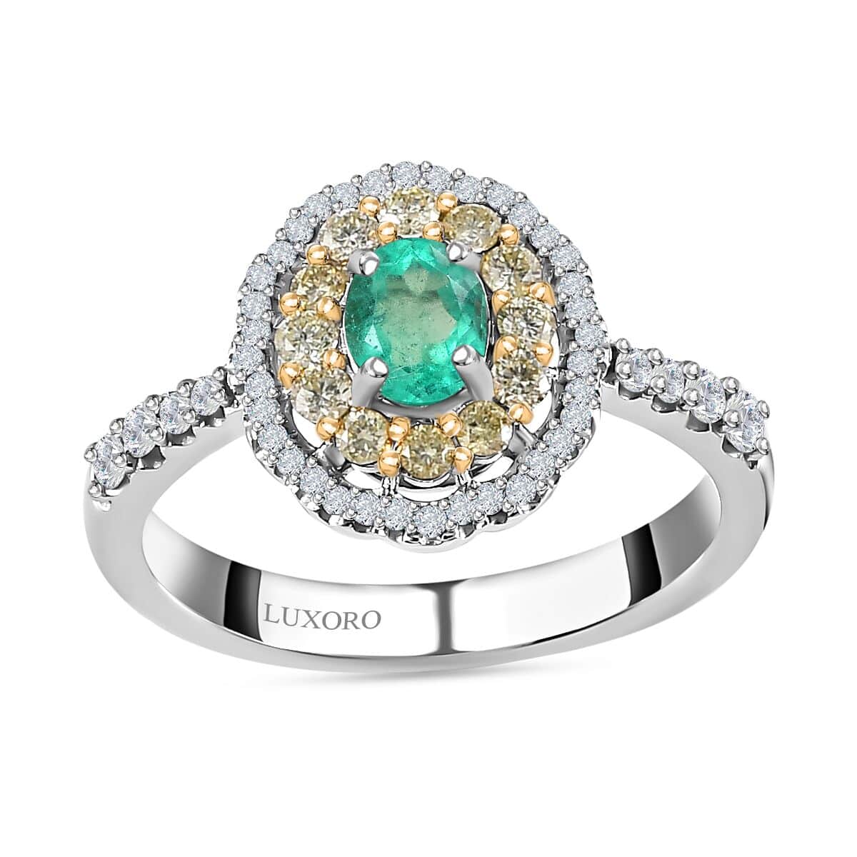 Luxoro 14K White Gold AAA Boyaca Colombian Emerald, I2 Natural Yellow and White Diamond Double Halo Ring (Size 7.0) 1.15 ctw image number 0