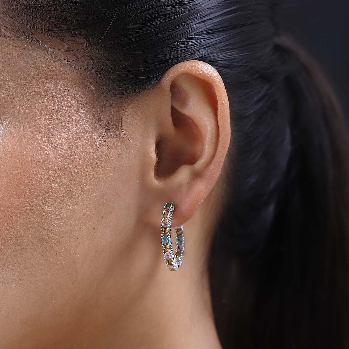 Multi-Tourmaline Inside Out Hoop Earrings in Platinum Over Sterling Silver 4.25 ctw image number 2