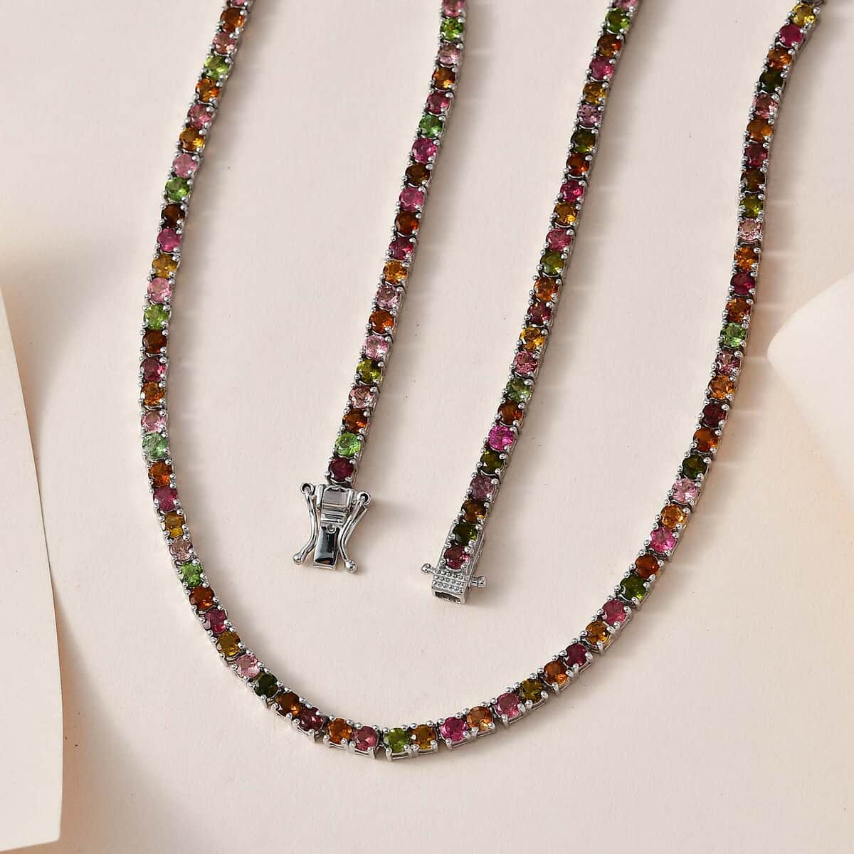 Multi-Tourmaline Tennis Necklace 18 Inches in Platinum Over Sterling Silver 15.00 ctw image number 1