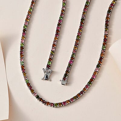 Multi-Tourmaline Tennis Necklace 18 Inches in Platinum Over Sterling Silver 15.00 ctw