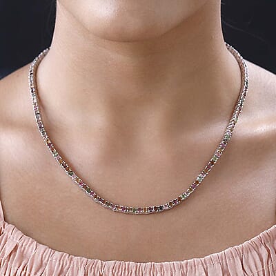 Multi-Tourmaline Tennis Necklace 18 Inches in Platinum Over Sterling Silver 15.00 ctw